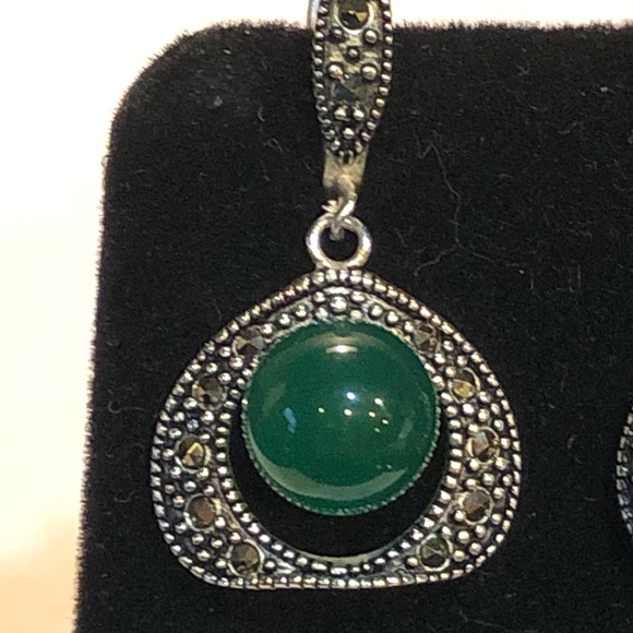 Jade & Marcasite 925 Silver Earrings - Picture 2 of 5